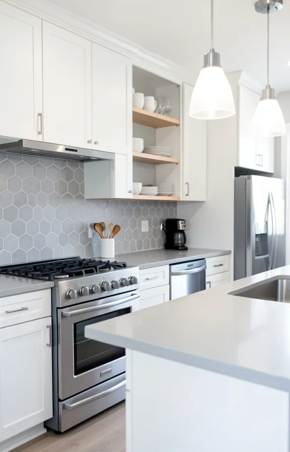 soft gray geometric hexagon peel and stick tiles covering backsplash wall