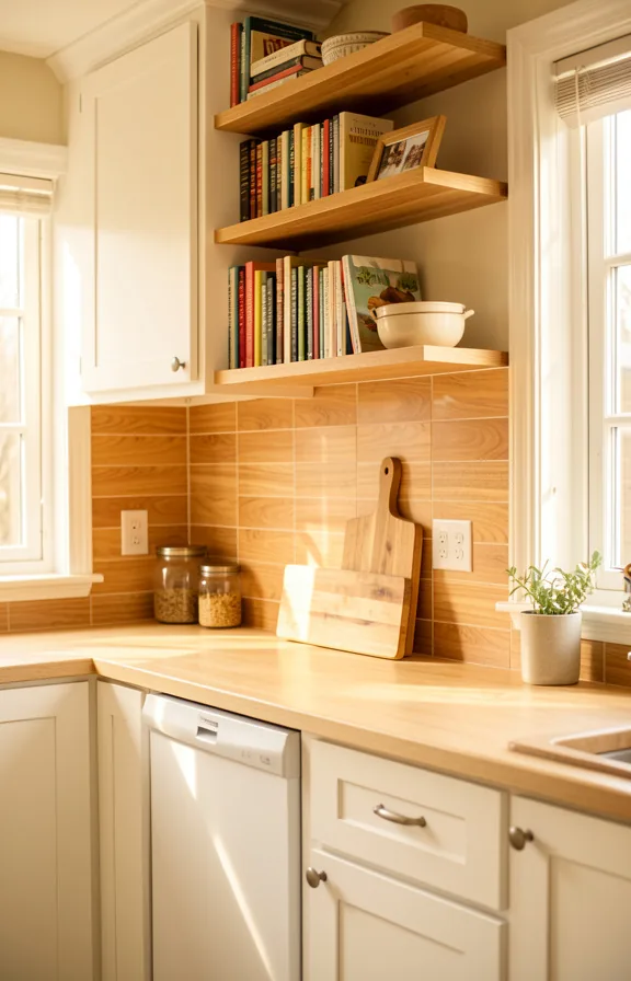 wood grain peel and stick tiles in warm honey tone as backsplash accent