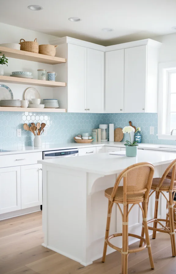 light blue hexagon peel and stick tiles covering backsplash