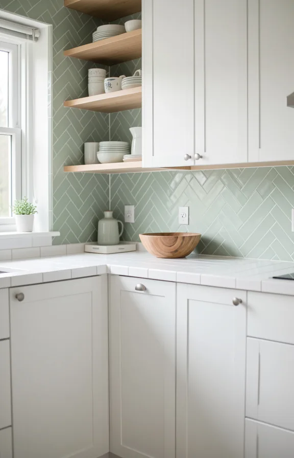 soft sage green herringbone peel and stick tile backsplash