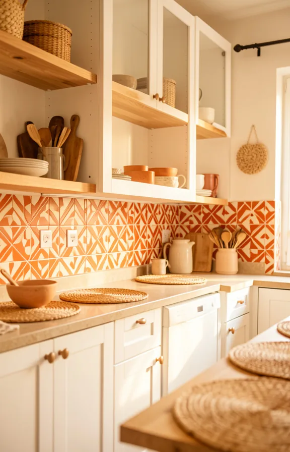 terracotta and cream peel and stick tiles in geometric pattern on backsplash