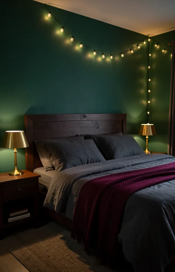Full bedroom view with deep emerald walls, charcoal linen bedding