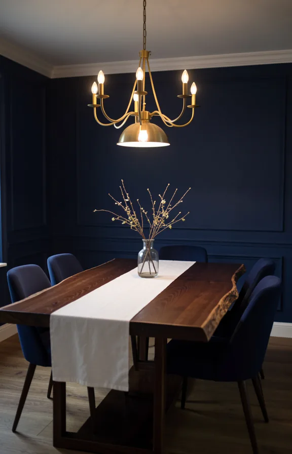 Dining room with navy blue walls, dark wood dining table with natural edge