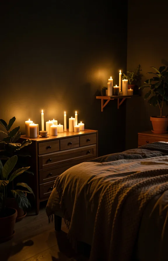 Bedroom interior with dark walls, bed dressed in moody textiles
