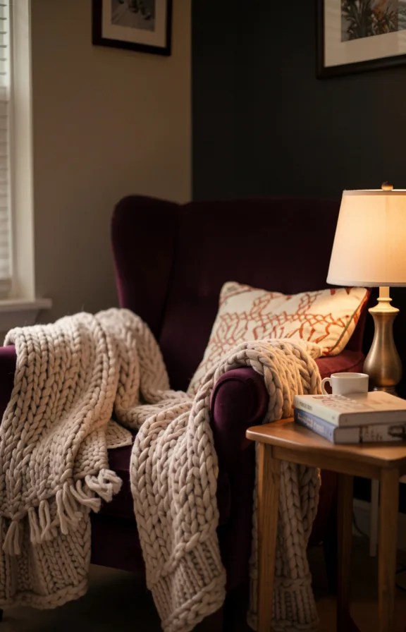 Reading nook with dark velvet armchair in deep plum