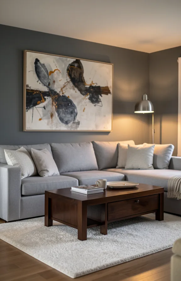 Living room with slate gray painted walls, light gray sectional sofa