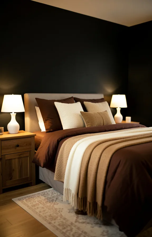 Bedroom with warm black walls, bed with chocolate brown bedding