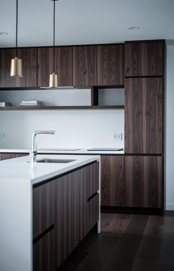 Minimalist kitchen with dark walnut cabinetry, white countertops