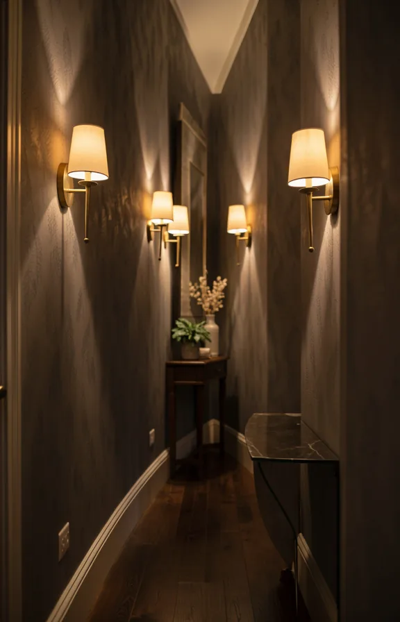 Entryway hallway with moody walls, multiple warm brass wall sconces evenly spaced