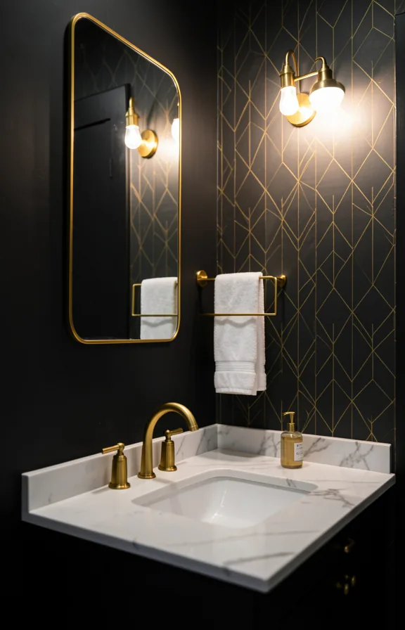 Bathroom with charcoal walls, white marble countertop, gold-framed mirror