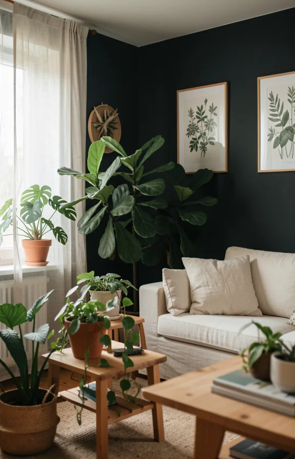 Living room with dark walls, multiple potted plants including fiddle leaf fig and pothos