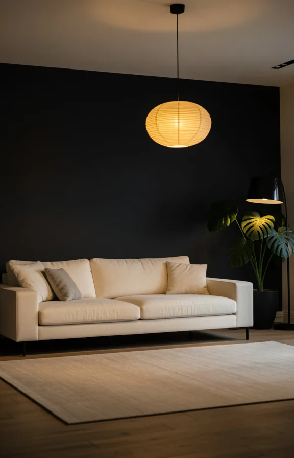 pale cream furniture contrasting dark walls, black floor lamp with paper shade