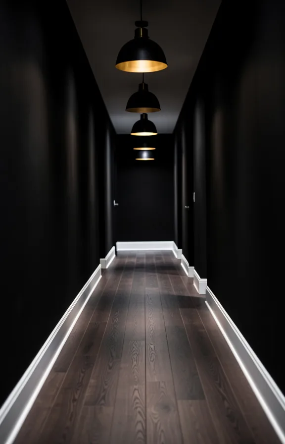 Hallway corridor with black walls, black pendant lights with brass accents hanging at intervals