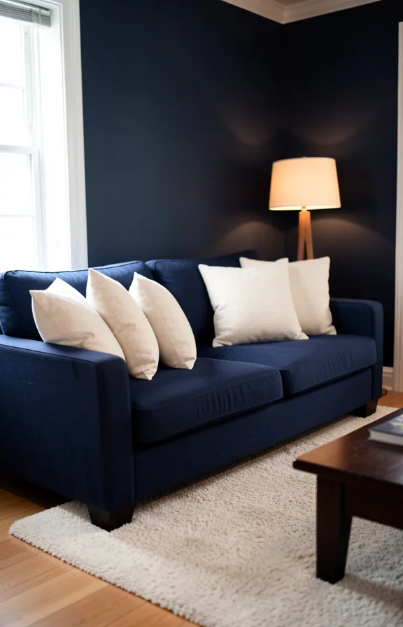 Living room with navy blue linen sofa as focal point