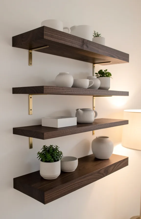 Wall arrangement of dark walnut floating shelves at varying heights