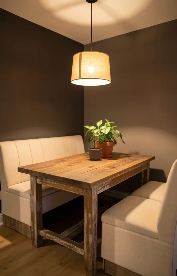 Dining nook with warm charcoal walls, wooden dining table with natural patina