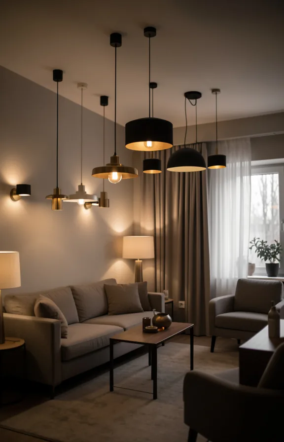 Apartment interior showing comprehensive moody lighting strategy with layered light sources