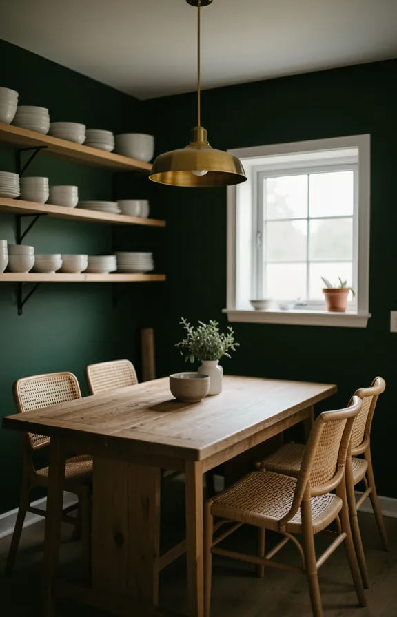 Kitchen nook scene with dark forest green walls