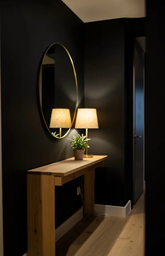 Entryway corridor with black matte walls, oversized round mirror with thin brass frame