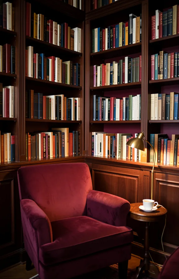 Library corner with burgundy walls, floor-to-ceiling dark wooden bookshelves filled with books