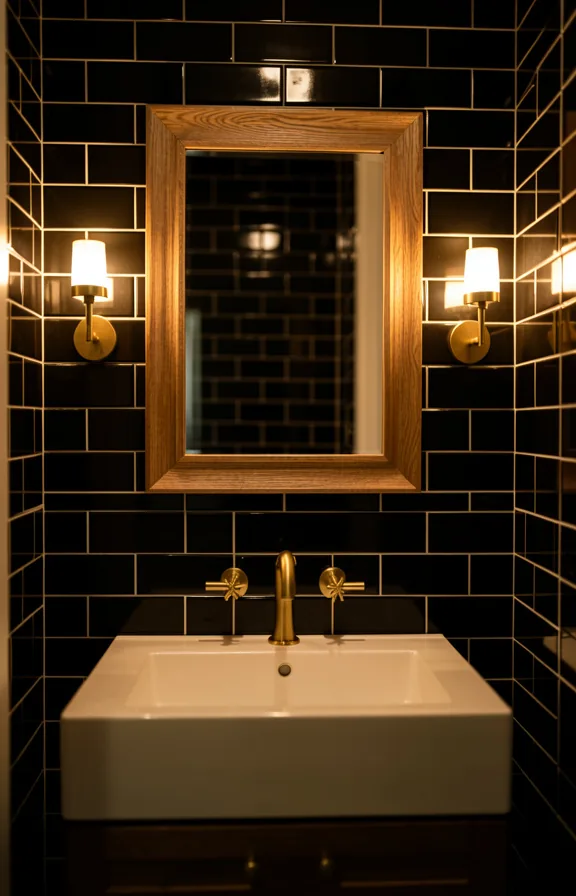 Bathroom view with black subway tile walls, brass faucet and fixtures