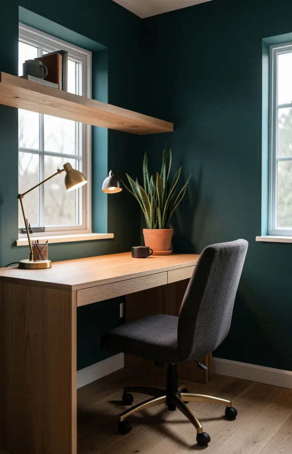 Home office with dark teal walls, natural wood desk facing window