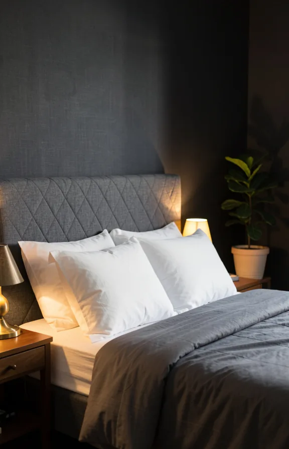 Bedroom with charcoal linen walls, bed with gray quilted headboard