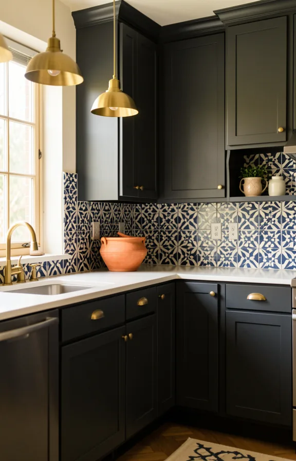 Full kitchen view with deep charcoal cabinets