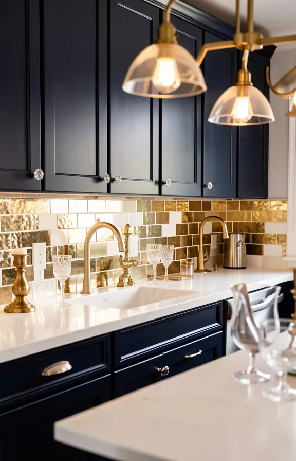 Full kitchen with deep navy cabinets