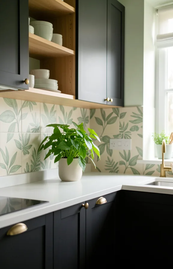 Complete kitchen space with charcoal cabinets