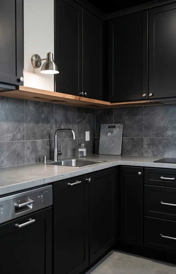 Entire kitchen with nearly black cabinets
