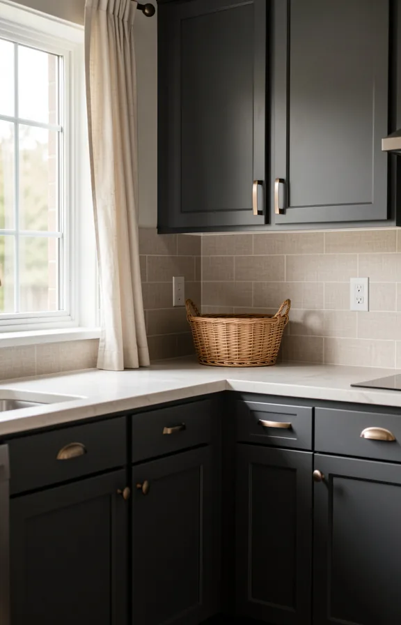 Complete kitchen with charcoal gray cabinets