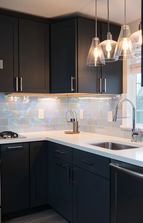 Full kitchen space with deep black-gray cabinets