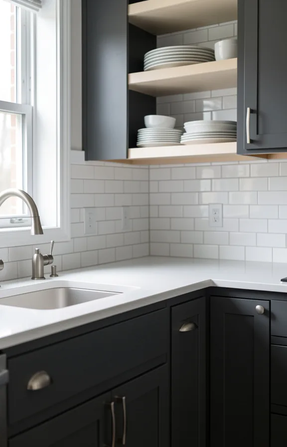 Complete kitchen space with charcoal gray cabinets