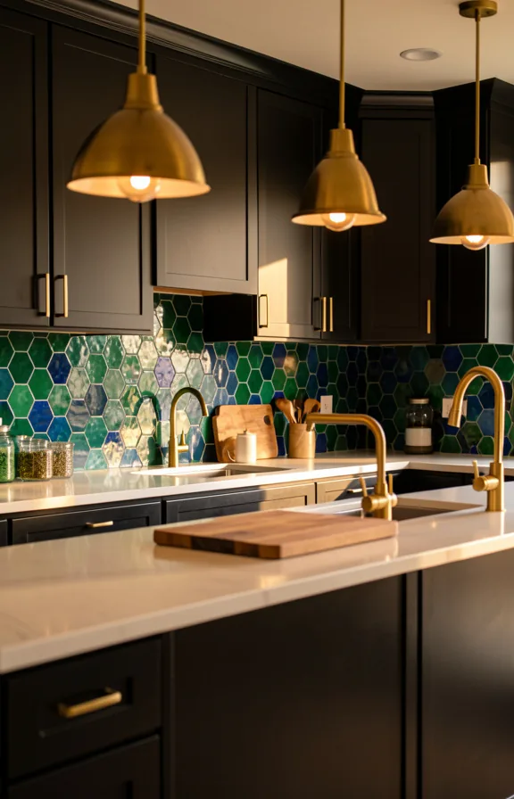 Full kitchen scene with nearly black cabinets