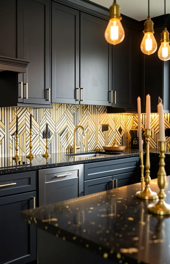 Full kitchen view with deep charcoal cabinets, geometric art deco peel and stick tiles in gold