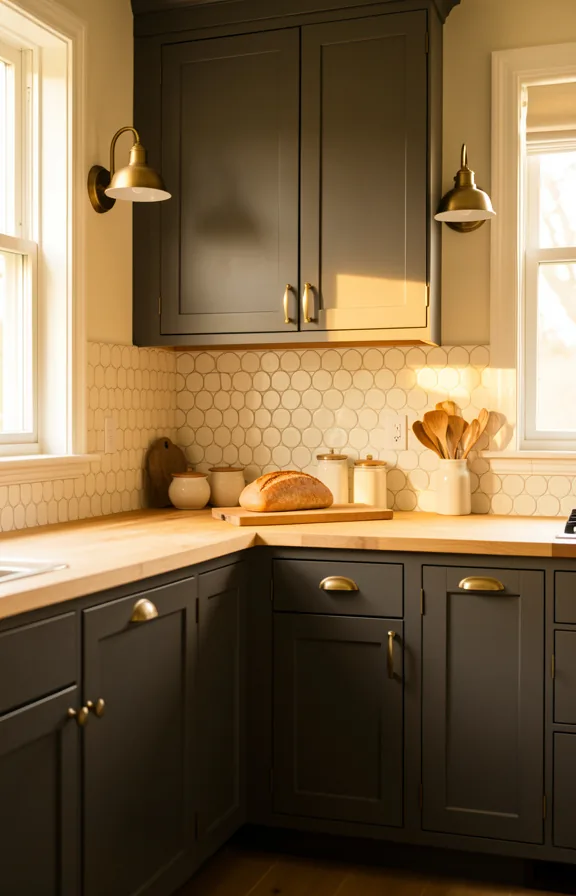 Full kitchen space with dark gray cabinets