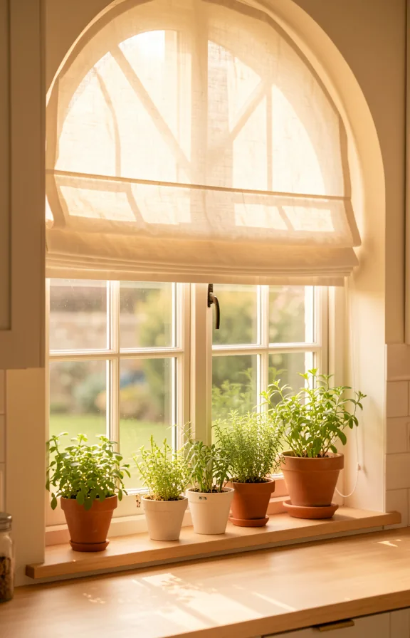 Kitchen window nook with soft-focus arched glass panes