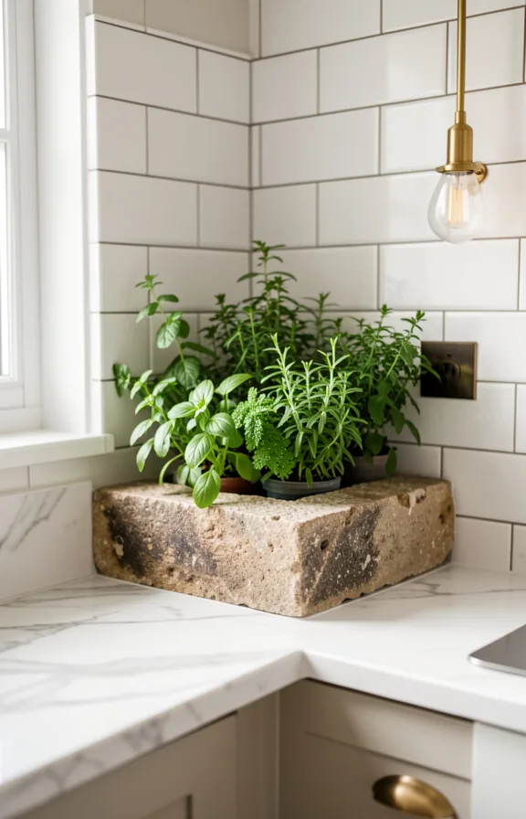 Kitchen counter corner with rustic stone ledge holding fresh green herb plants