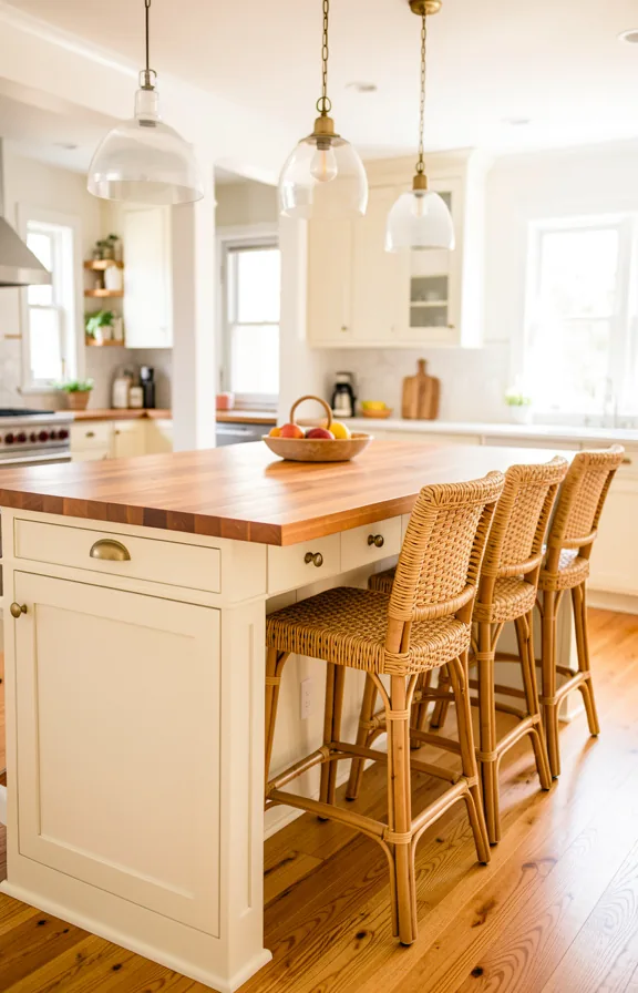 Kitchen island with warm medium-tone butcher block countertop