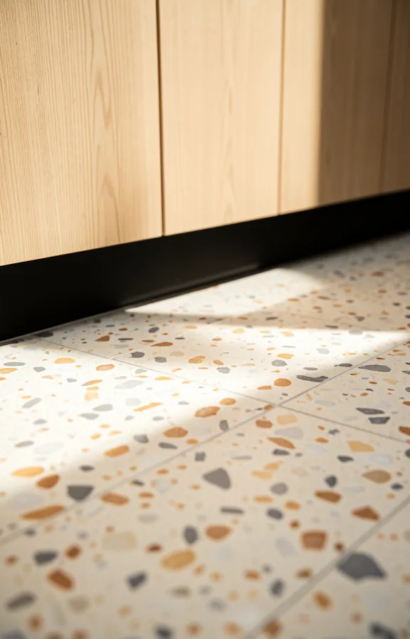 Kitchen floor detail showing soft terrazzo tile in cream and warm gray