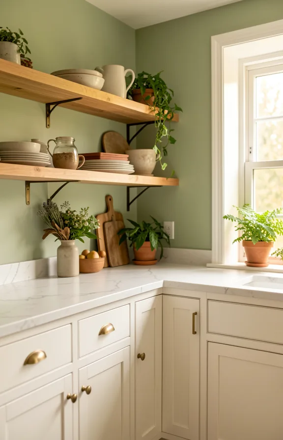 Calming kitchen interior painted soft sage green on walls