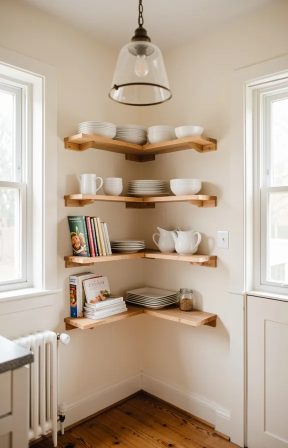 Kitchen corner featuring natural wood open shelving holding white dishes and cookbooks