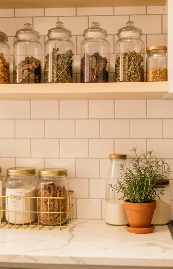 Kitchen shelving displaying vintage glass apothecary jars with dried herbs and pantry items