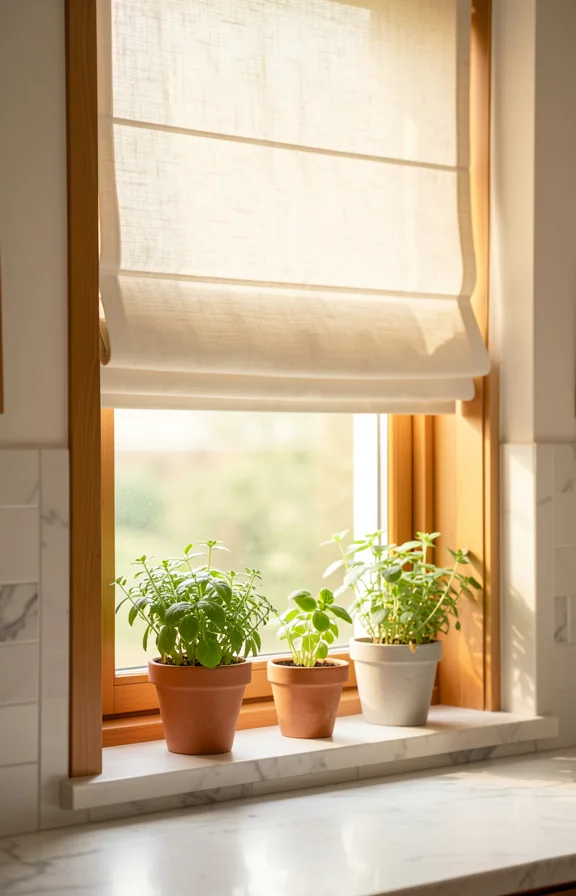 Kitchen window treatment with soft natural linen roman shade in cream tone