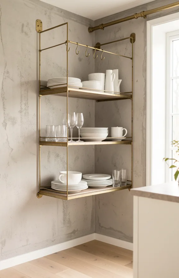 Bright kitchen corner with weathered brass open shelving holding white dishes and glassware