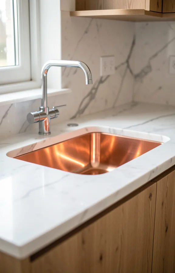Kitchen sink detail with polished copper undermount basin