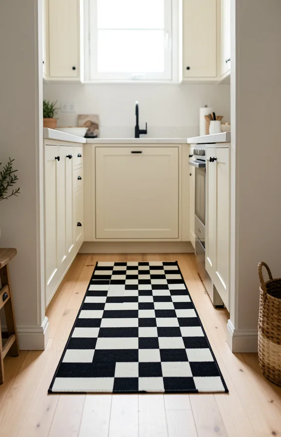 Kitchen entryway with black and white checkered runner rug on light wood flooring