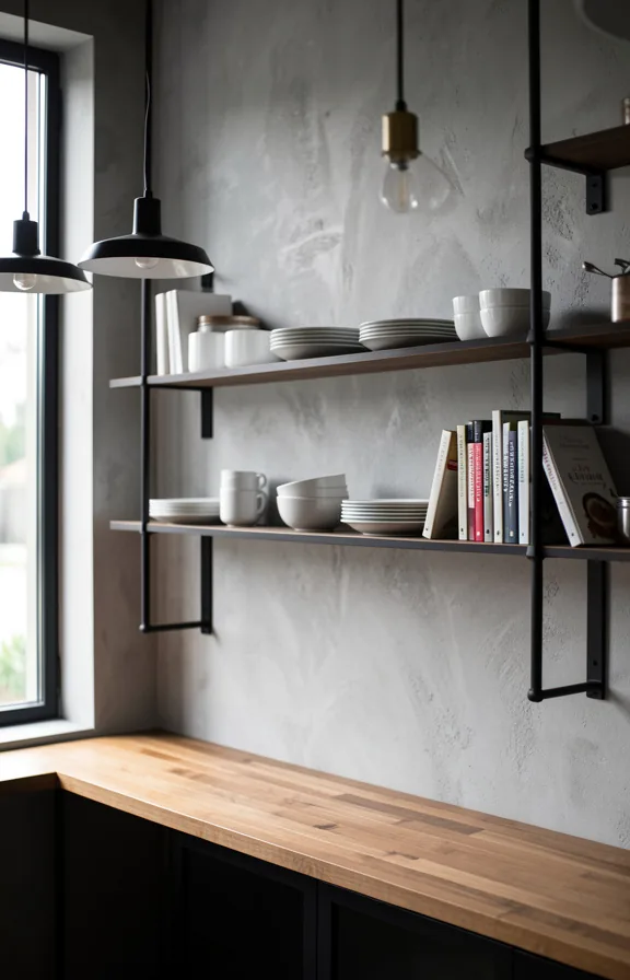 Industrial kitchen shelving wall with black metal frame holding white dishes and cookbooks