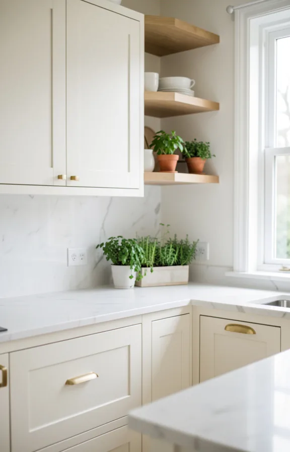Soft white kitchen interior with creamy shaker cabinets